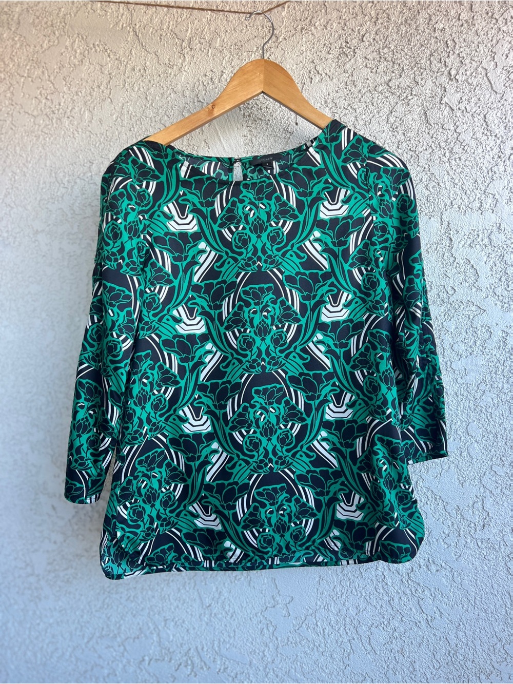 J. Crew Green, Black and White Floral Geometric Boatneck Top